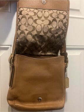 Vintage Coach Tan Leather Legacy Slim Flap Crossbody Signature Fabric